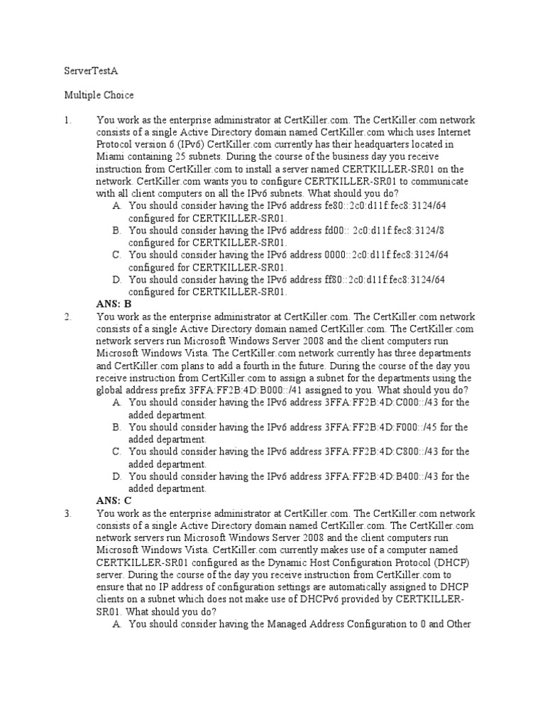 CertKiller.com IPv6 Network Configuration Guide | PDF | Ip Address | I Pv6