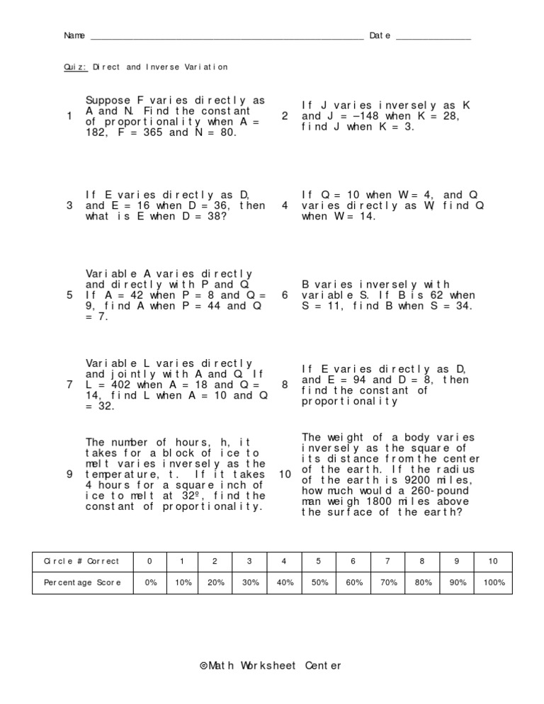 Direct and Inverse Variation Worksheet | PDF