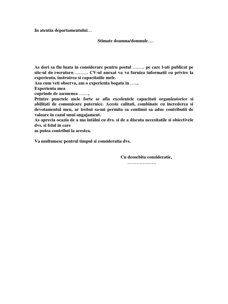 Tip Scrisoare de Intentie