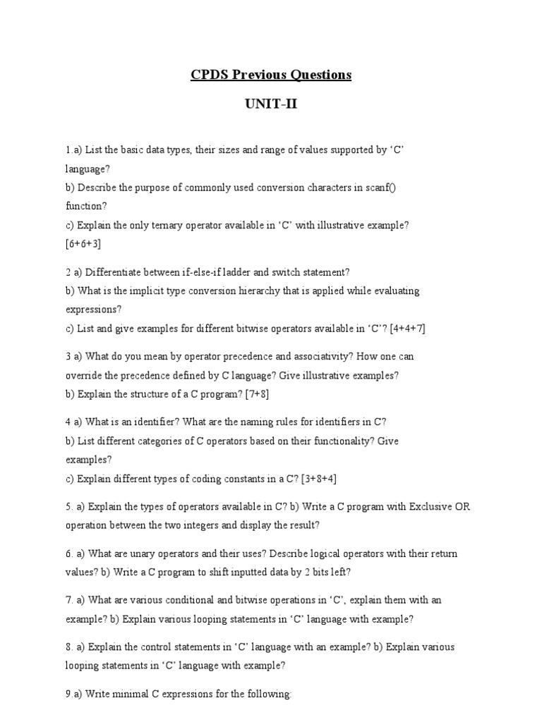Work Shop Questions Pdf C Programming Language Numbers