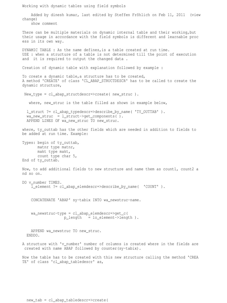 Abap Dynamic Table PDF Data Type Pointer Programming)