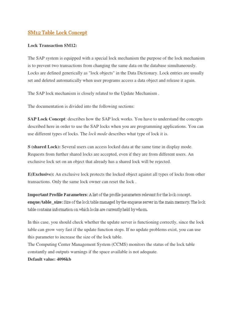 SM12 Table Lock Concept PDF Parameter Programming) Object Science)