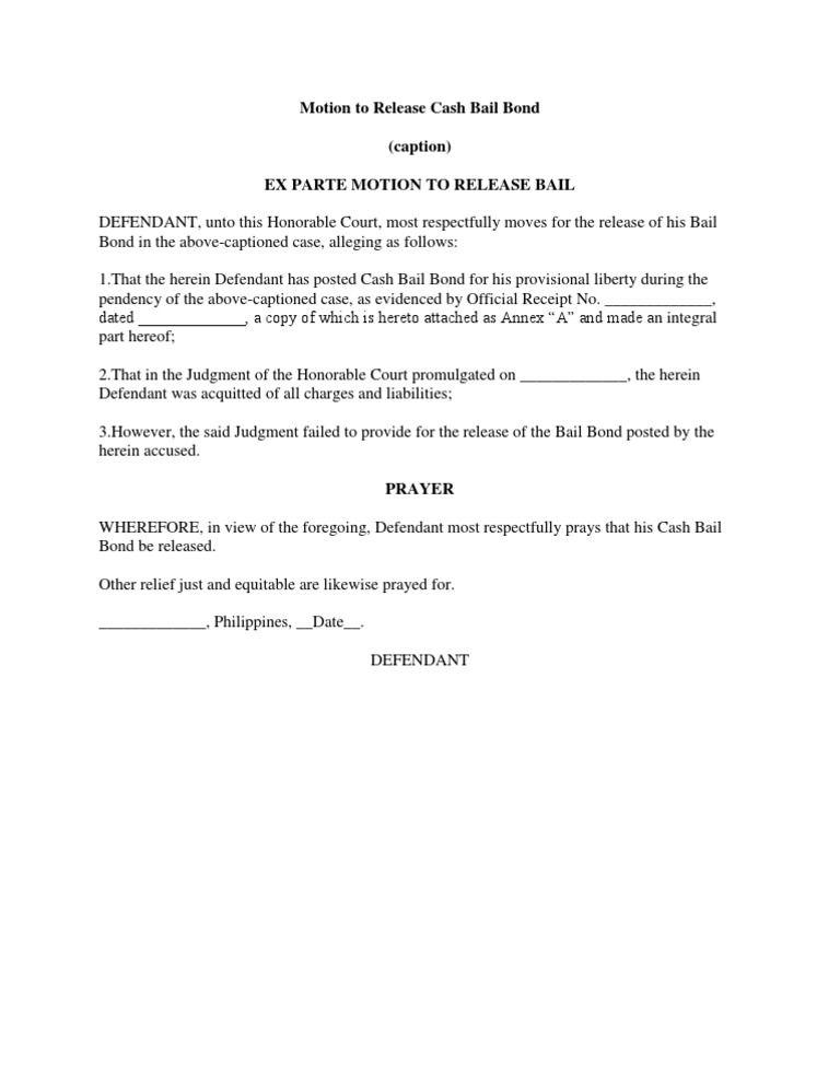 Motion To Release Cash Bail Bond Bail Misconduct