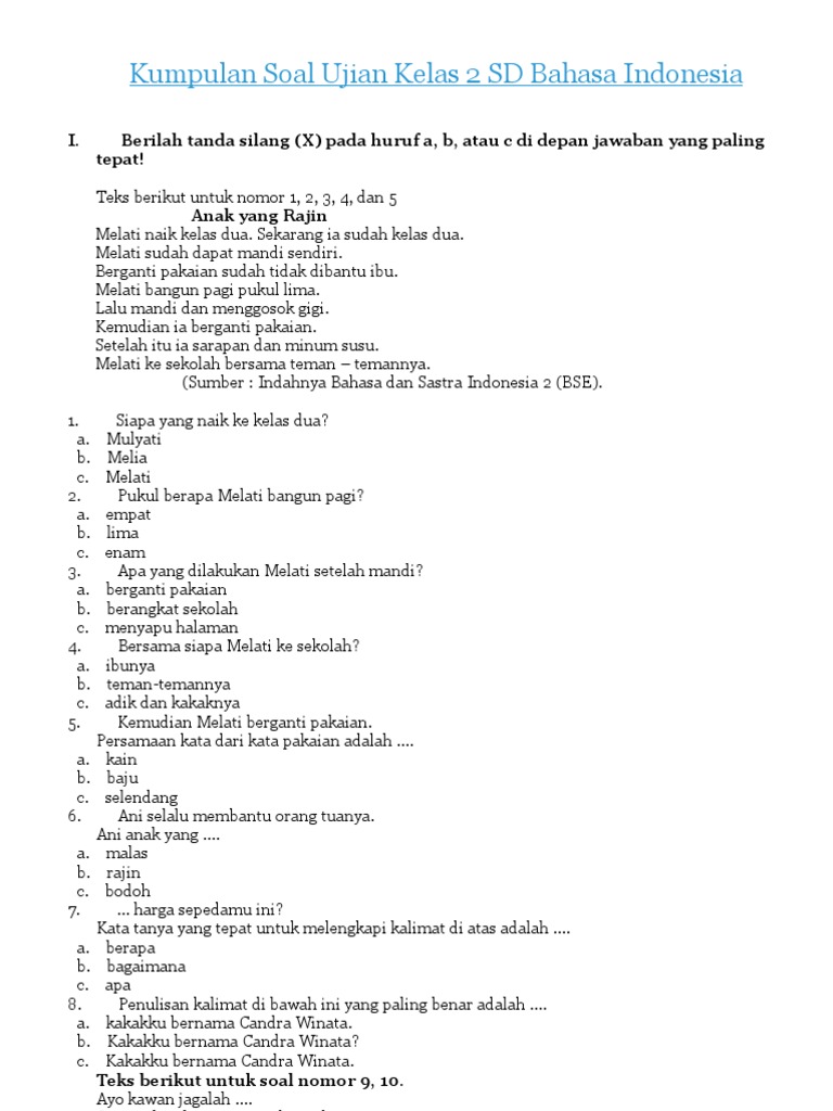 Soal Ukk Bahasa Indonesia Kelas 2 Sd Semester 2 Temukan Jawab