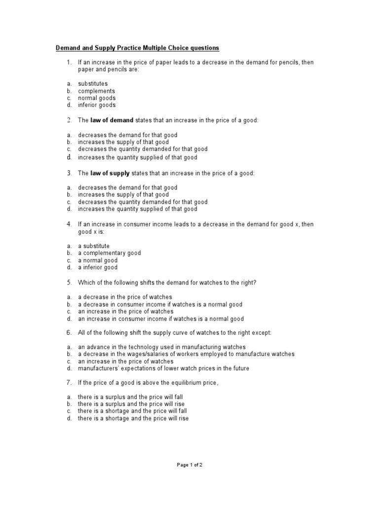 Demand and Supply Multiple Choice Questions Supply And Demand