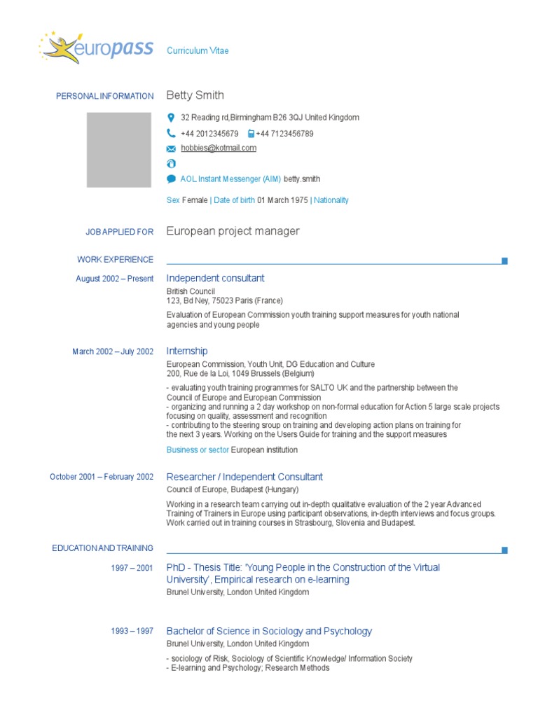 Cv Example Europass Pdf Cognition Communication