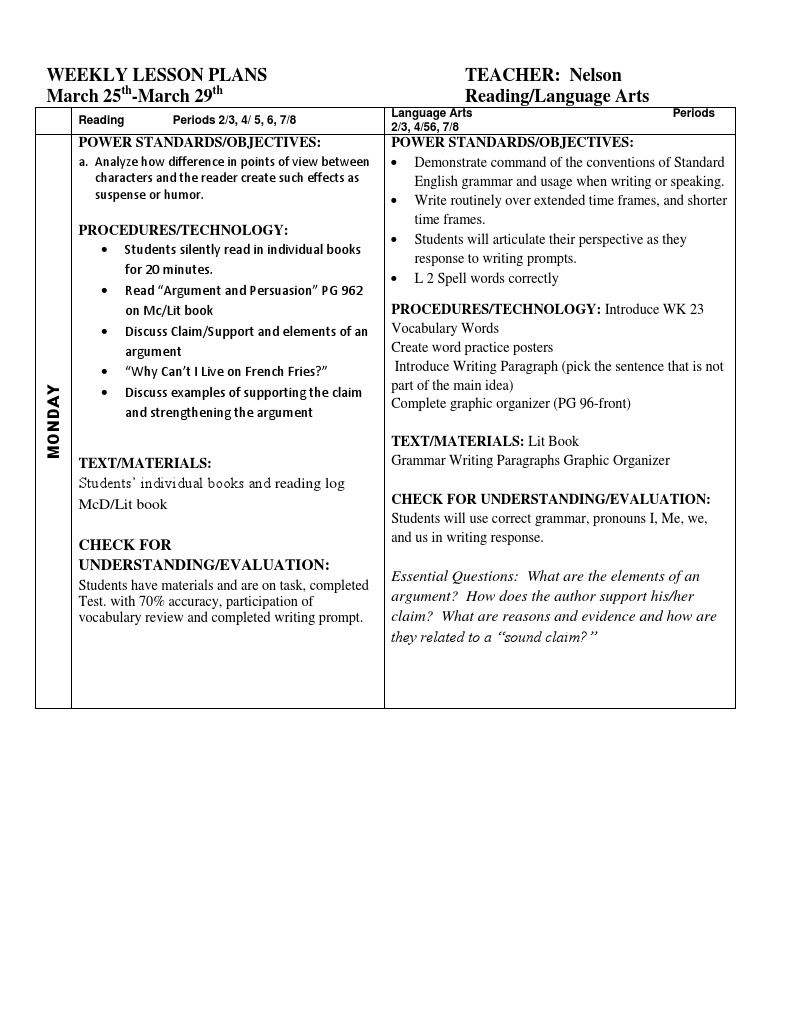 Weekly Lesson Plans for Reading & Writing | PDF | Reading Comprehension ...