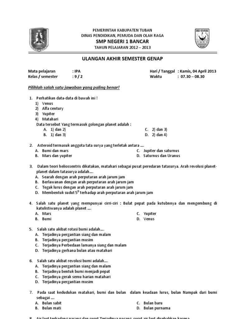 Pdf Contoh Soal Ipa Uas Semester 2 Kls 9