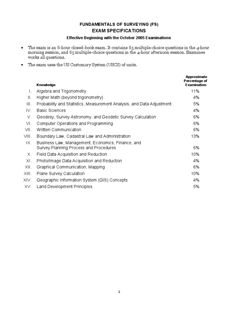 FS Exam Specifications Overview | PDF | Surveying | Geodesy