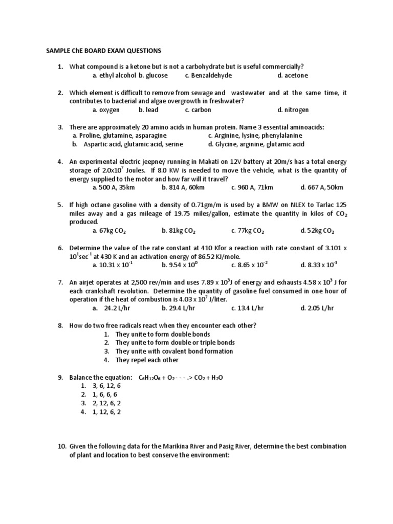 ChE Board Exam Sample Questions | PDF | Carbon | Properties Of Water