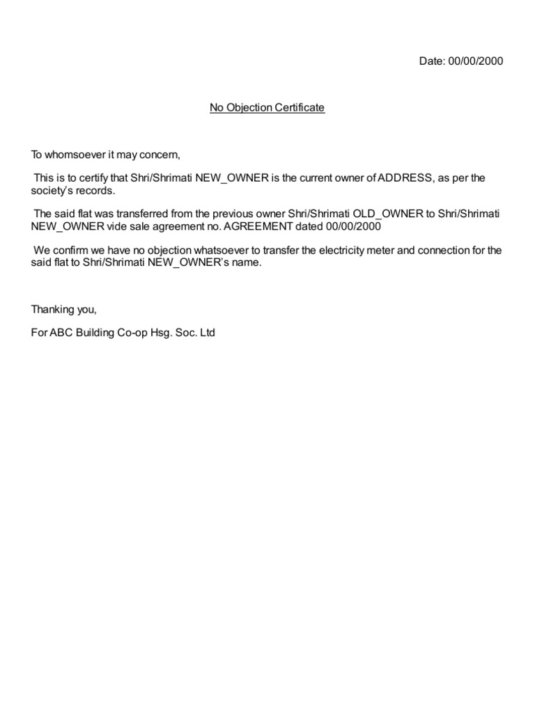 SVH Download Housing Society Electricity Meter Connection Transfer Noc No