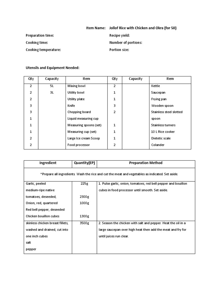 Jollof Rice & Chicken Recipe for 50 | PDF | Cooking, Food & Wine ...