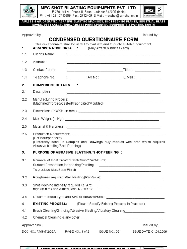Grit or Shot Blasting Questionnaire | PDF | Abrasive | Industries