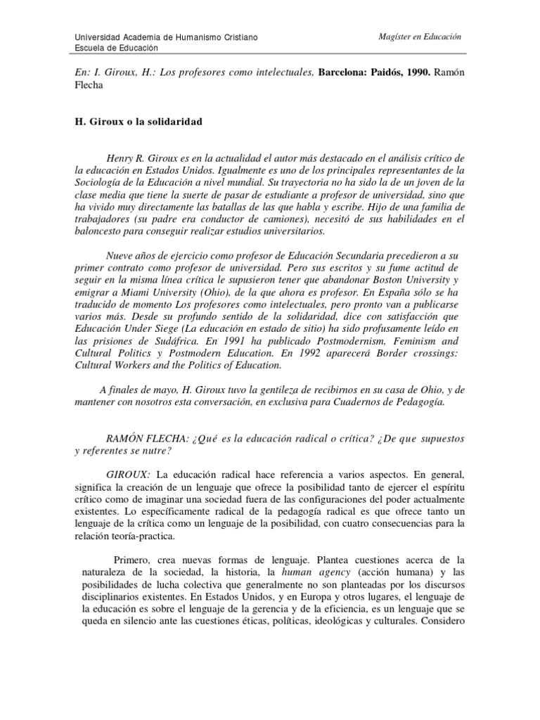 Giroux Los Profesores Como Intelectuales PDF Maestros Democracia