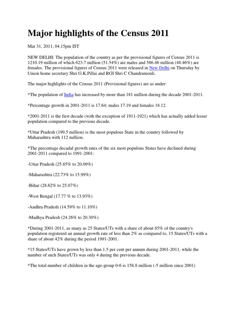 Major Highlights of The Census 2011: New Delhi | PDF | South Asia