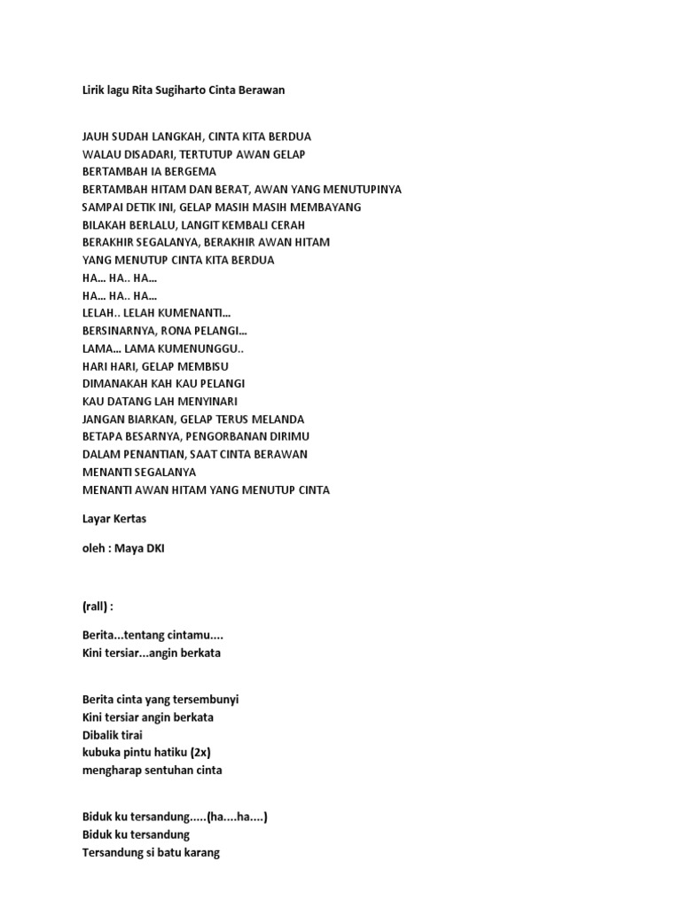 Lirik Lagu Rita Sugiharto Cinta Berawan