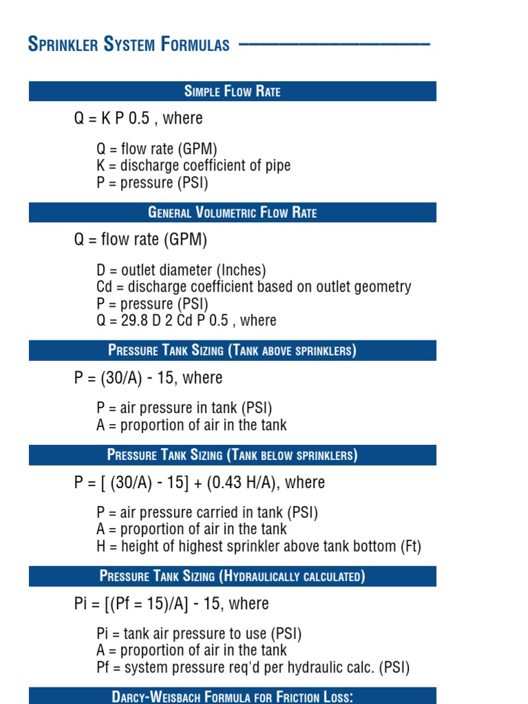 Sprinkler System Formulas Pressure Fire Sprinkler System