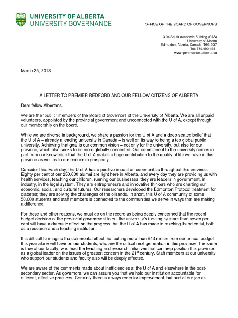 Open Letter to Premier from U of A Board of Governors Alberta Politics