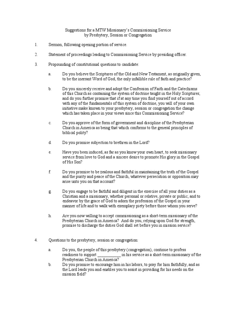 MTW Missionary Commissioning Guide | PDF | Presbyterianism | Religious ...