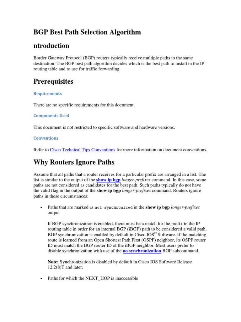 BGP Best Path Selection Algorithm PDF Router Routing