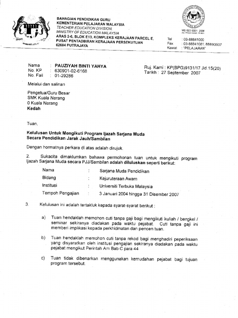 Contoh Surat Kelulusan Sambung Pjj Pdf