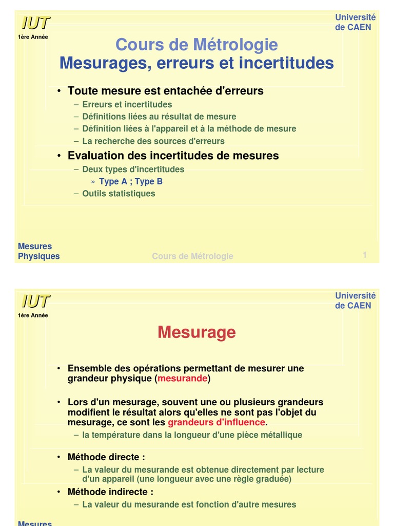 Cours de Métrologie : Mesurages et Incertitudes | PDF | Mesure | Erreur ...