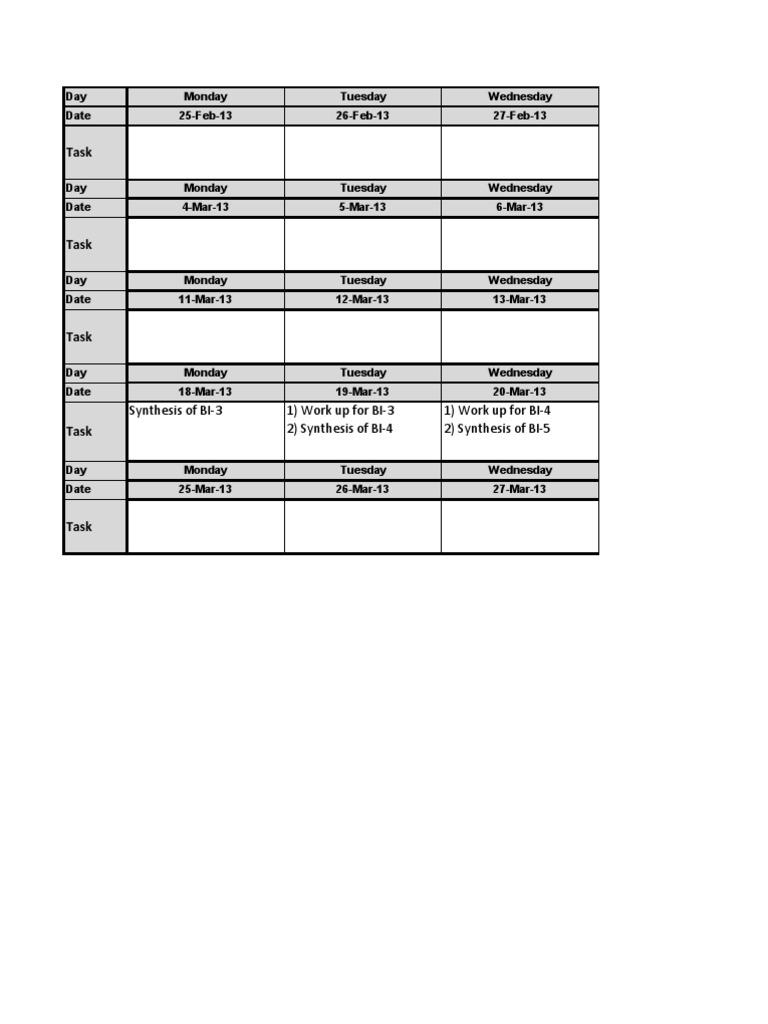 Weekly Task Schedule for BI Synthesis | PDF