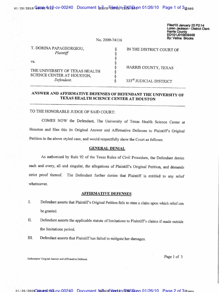 Answer and Affirmative Defenses by Defendant The University of Texas