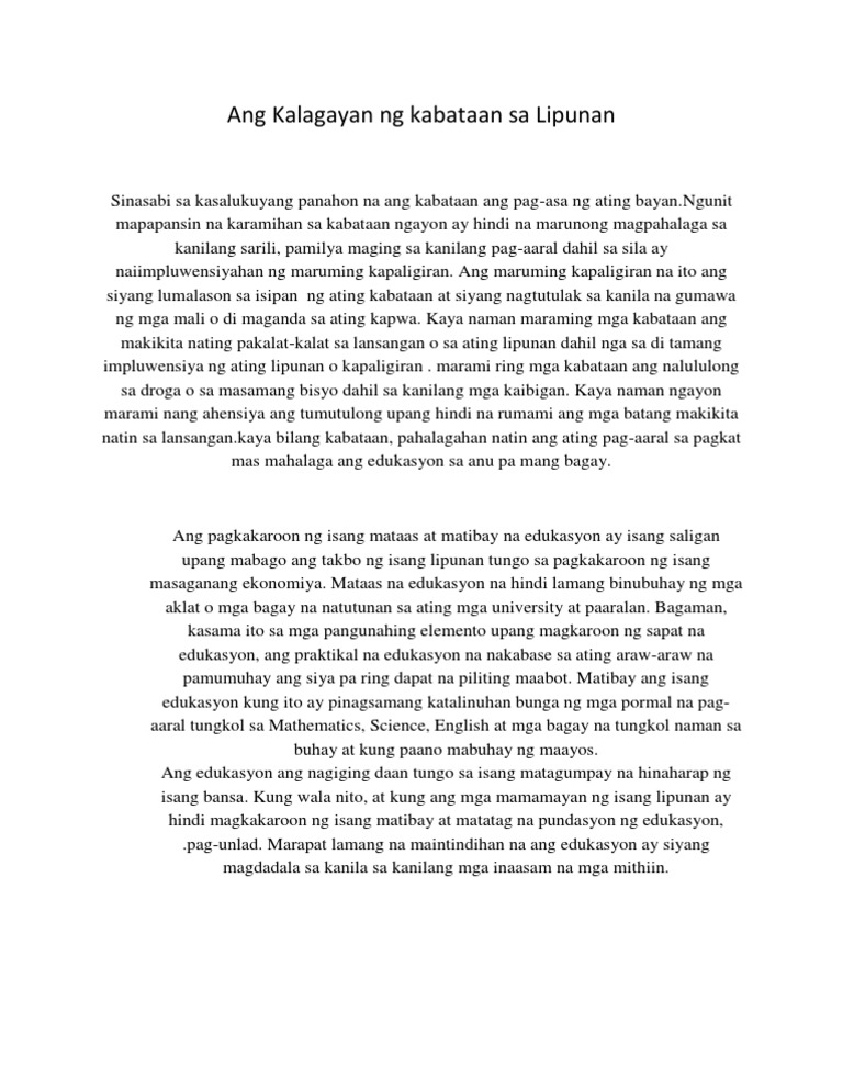 Ang Kalagayan Ng Kabataan Sa Lipunan