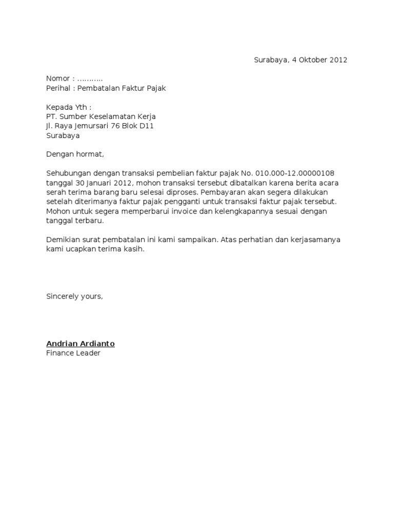 Contoh Surat Pemberitahuan Pembatalan Faktur Pajak Ke Kpp 