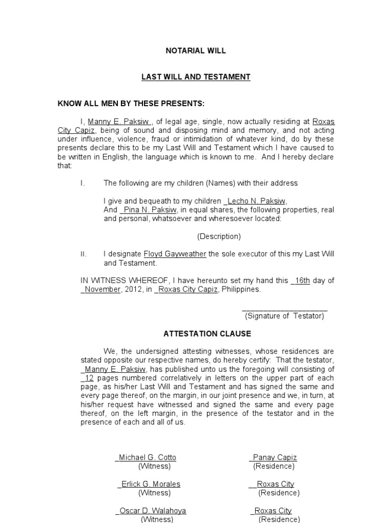 Notarial Will Will And Testament Legal Documents