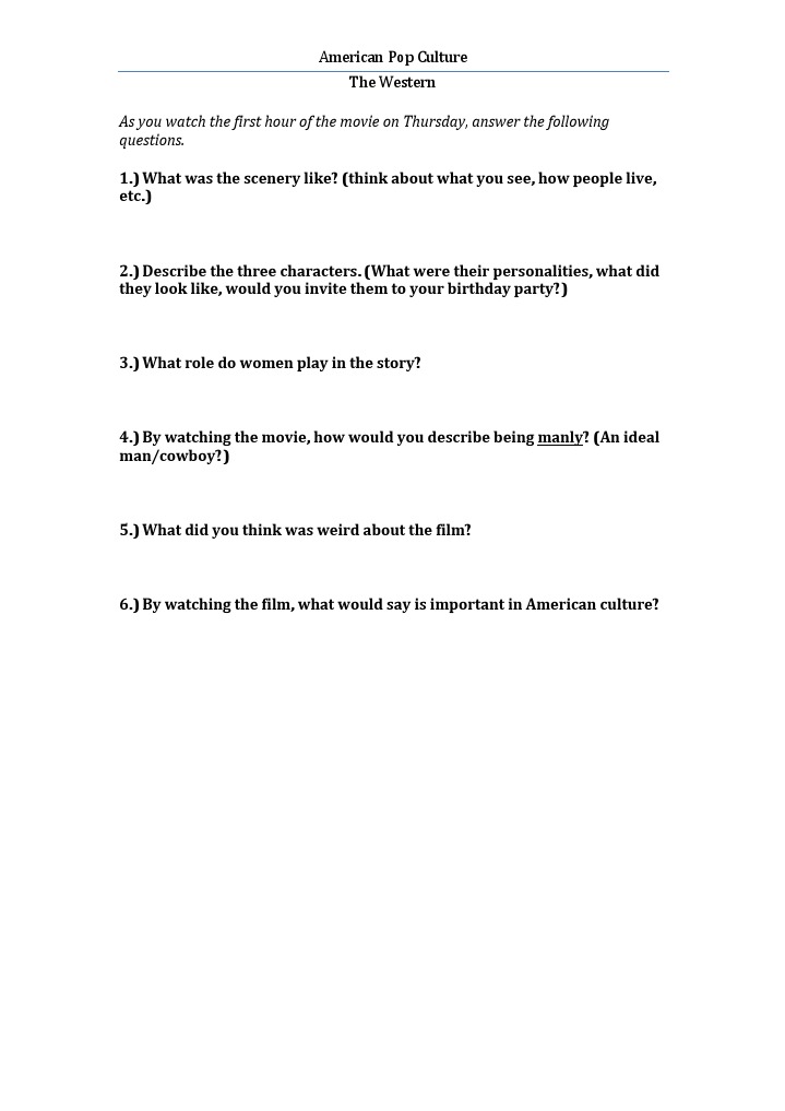 As You Watch The First Hour of The Movie On Thursday, Answer The ...