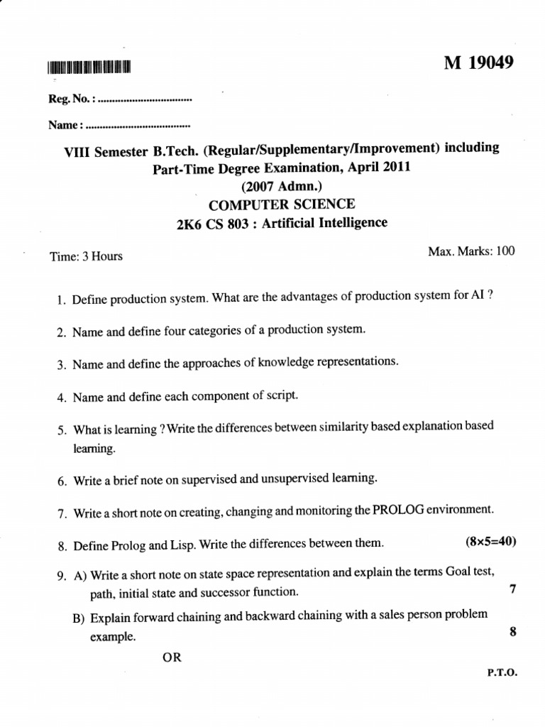 question paper B TECH Artificial Intelligence Technology
