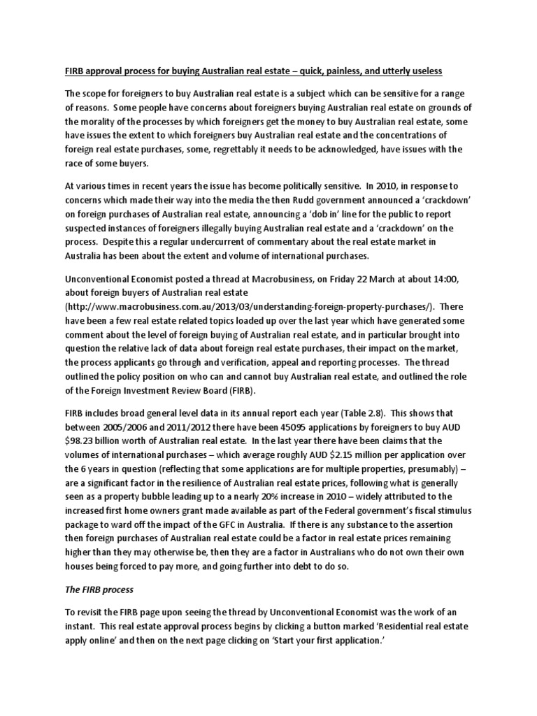 FIRB and The Approval Process For Foreign Purchases of Residential Real