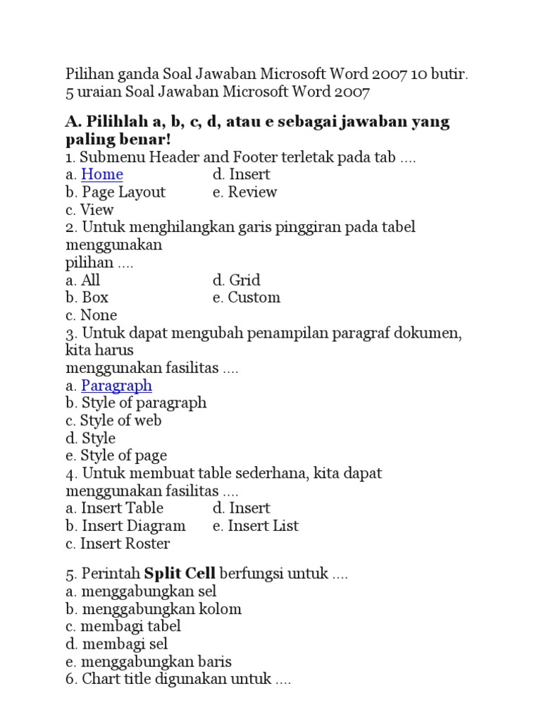 Pilihan Ganda Soal Jawaban Microsoft Word 2007 10 Butir Pdf