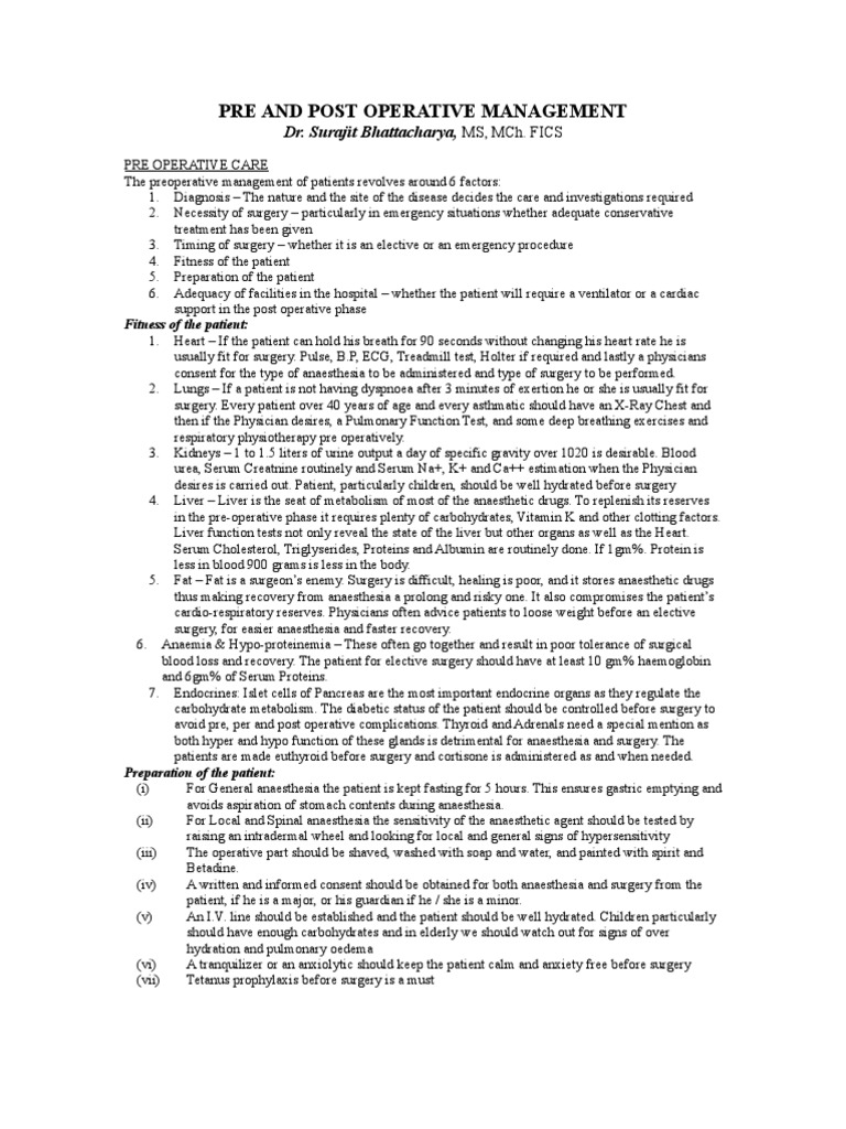 Pre and Post Operative Management Guide | PDF | Surgery | Anesthesia