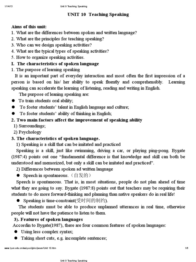 Unit 9: Teaching Speaking Skills | PDF | Speech | Foreign Language