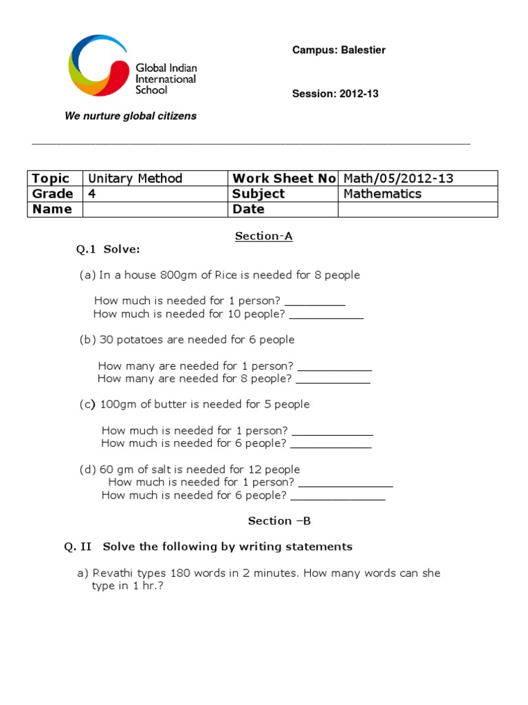 Worksheet - Class 4 - Unitary Method PDF | PDF | Cognition | Learning