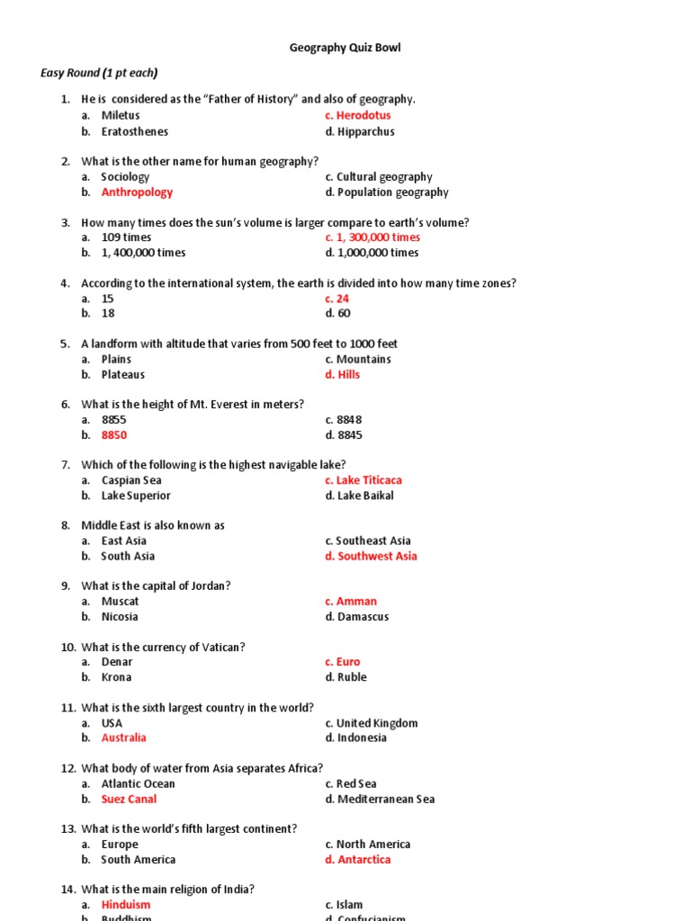 Geography Quiz Bowl Asia Continent