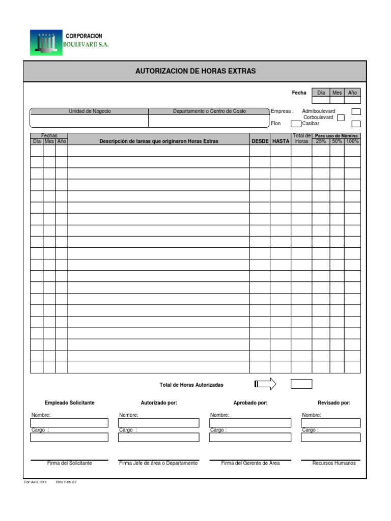 Formulario Para Autorizacion de Horas Extras