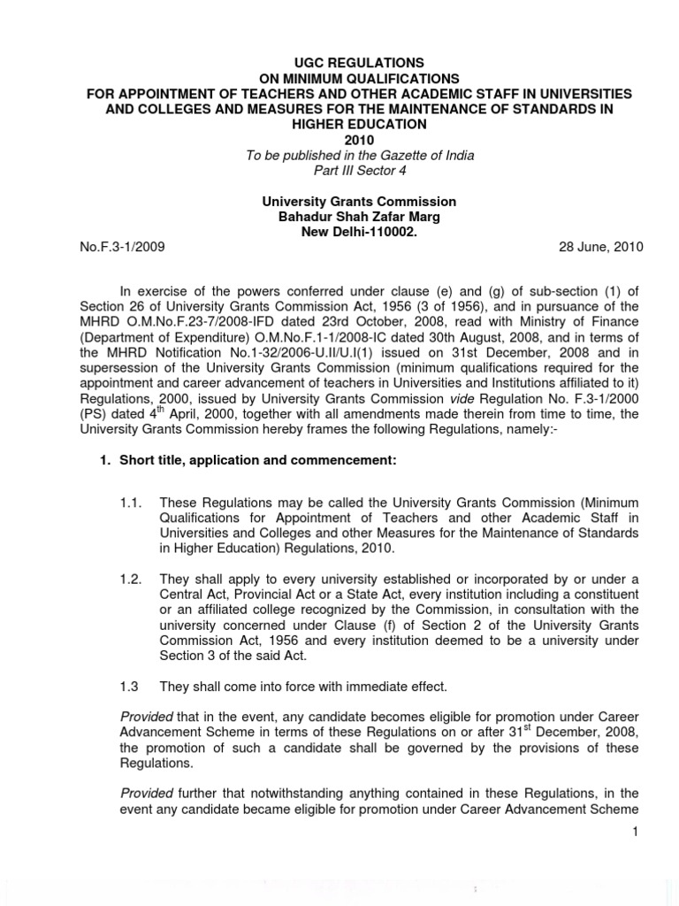 UGC 2010 Regulations for Academic Staff | PDF