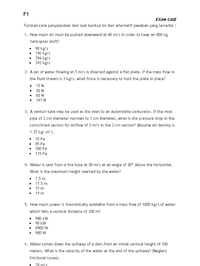 Fluid Mechanics Exam Questions and Solutions | PDF | Density | Kilogram