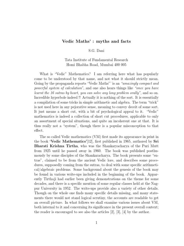 Vedic Maths: Myths vs. Facts | PDF | Sutra | Combinatorics