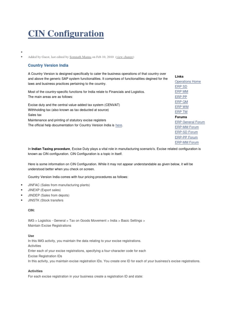 CIN Configuration: Country Version India | PDF | Finance & Money Management