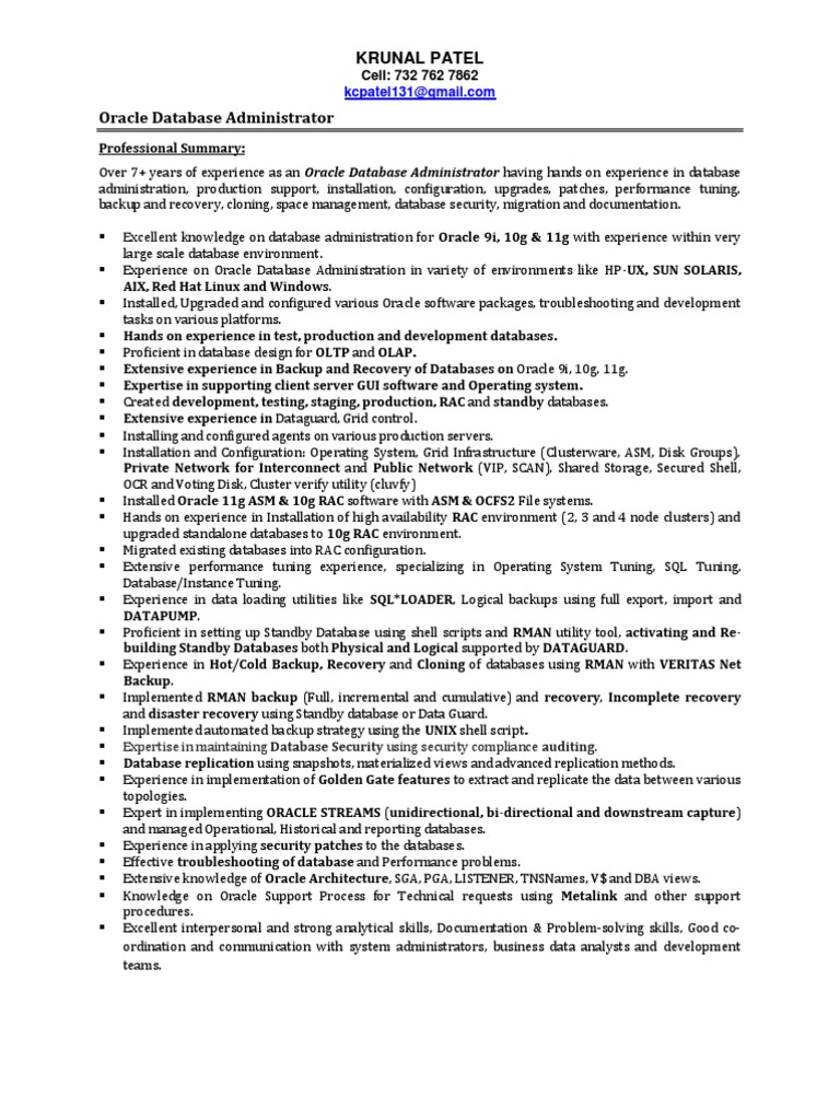 Oracle DBA Sample Resume PDF Backup Databases