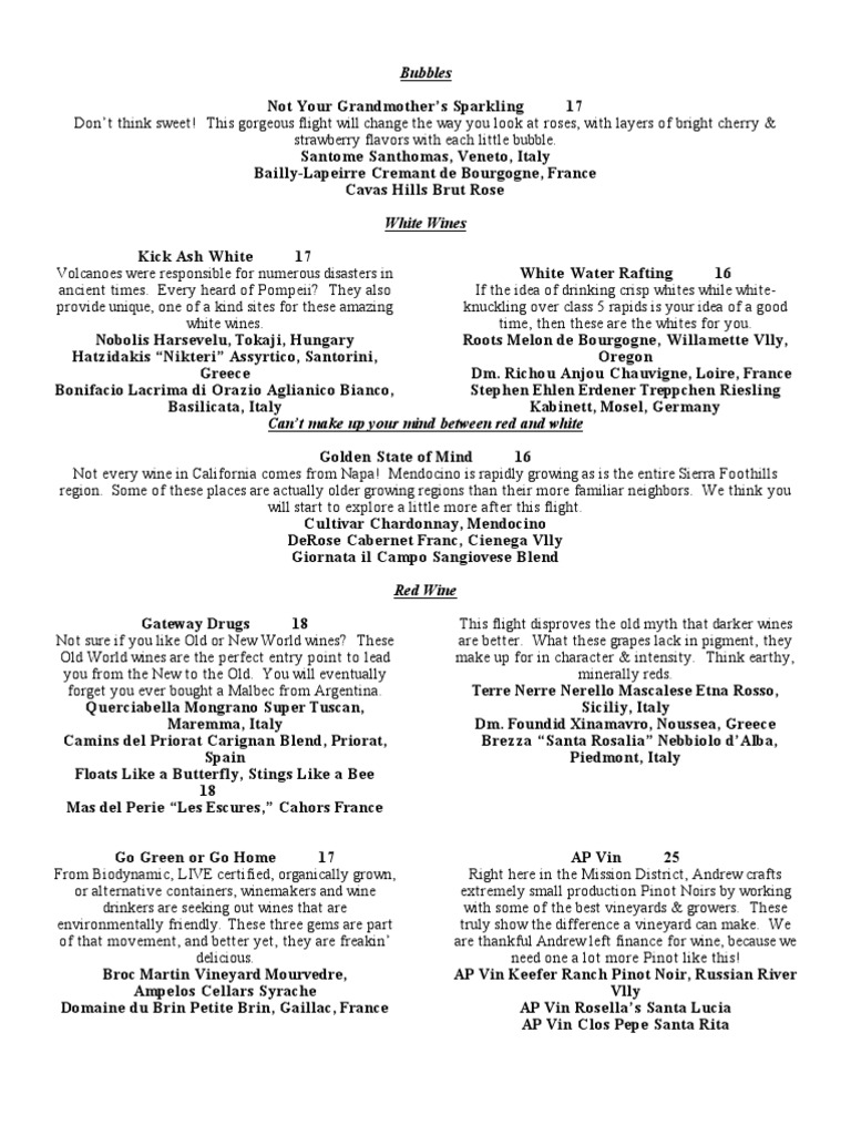 Wine Flights Menu at Eno Wine Bar SF PDF Wine Alcohol