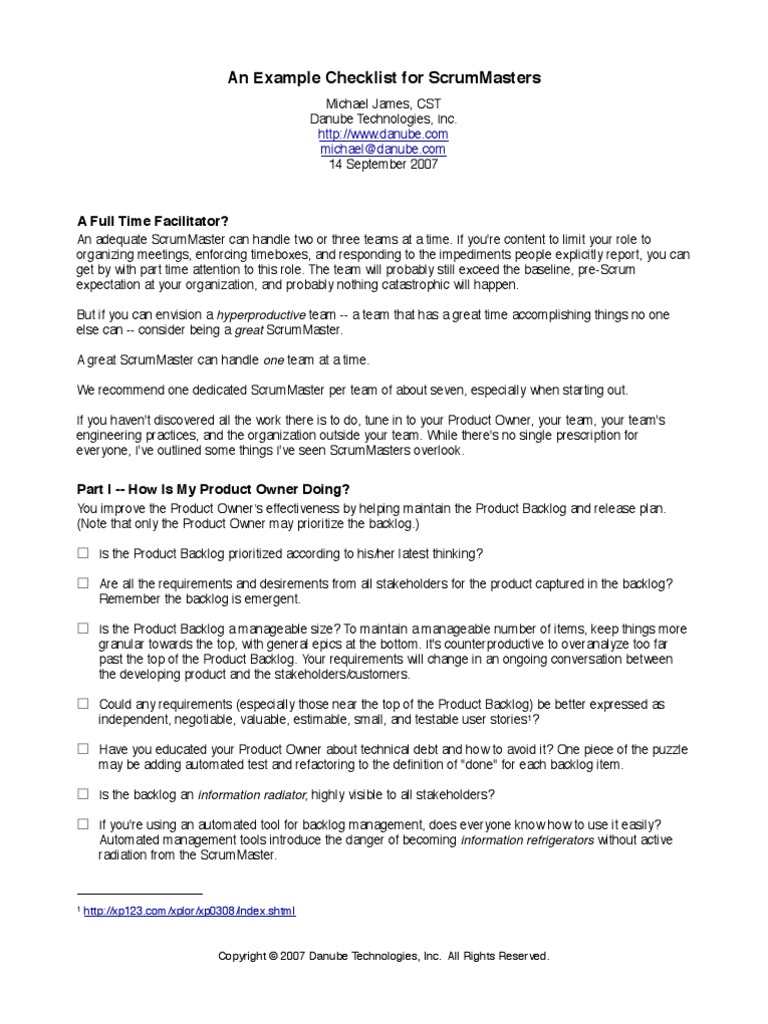 ScrumMaster Checklist PDF Scrum (Software Development) Flow (Psychology)