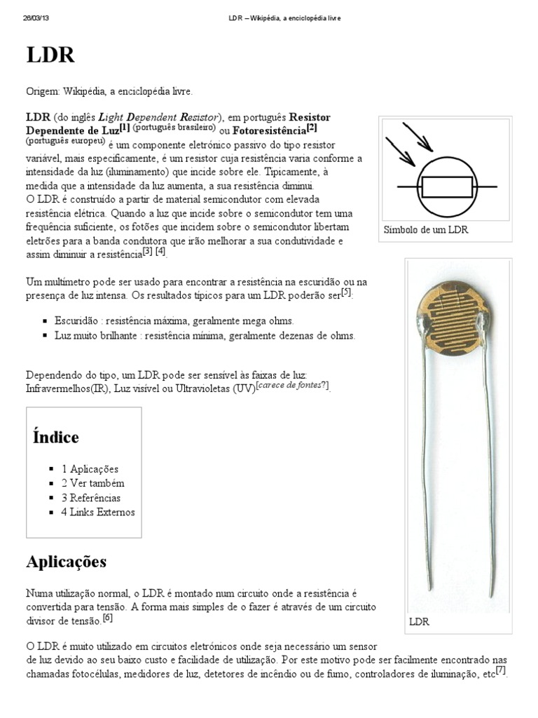 LDR: Resistor Dependente de Luz | PDF | Resistência elétrica e ...