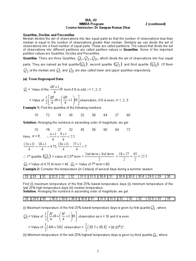 Quartiles Deciles And Percentiles Pdf Percentile Median