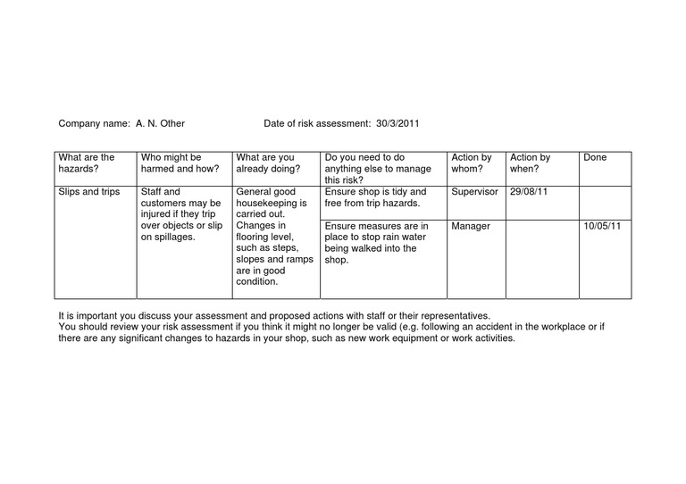 Example Risk Assessment Slips Trips